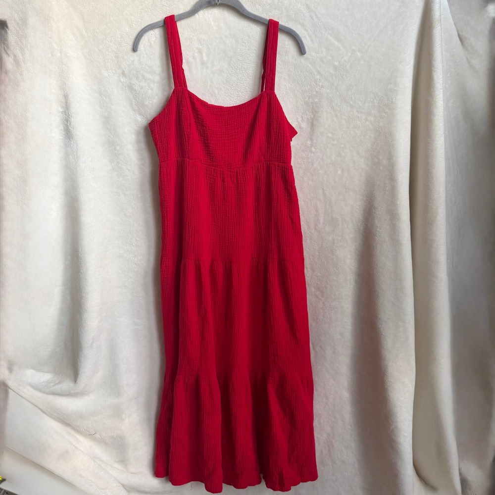 Skies Are Blue Sz‎ M Red Crinkle Cotton Gauze Smocked Tiered Midi Sundress